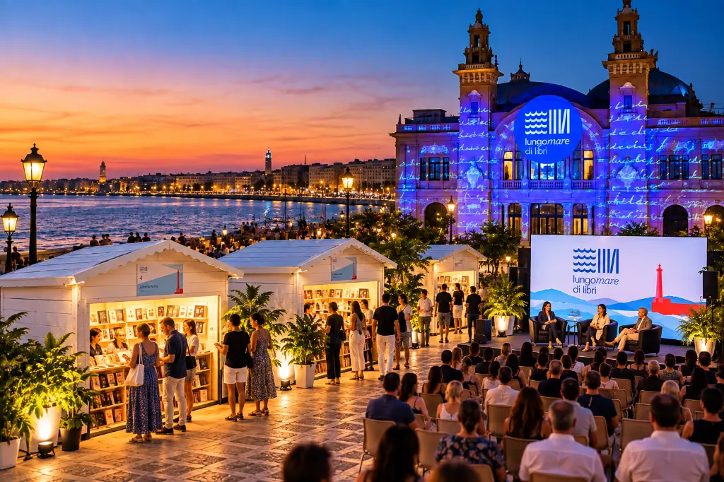 Fiera dei libri sul lungomare al tramonto.webp