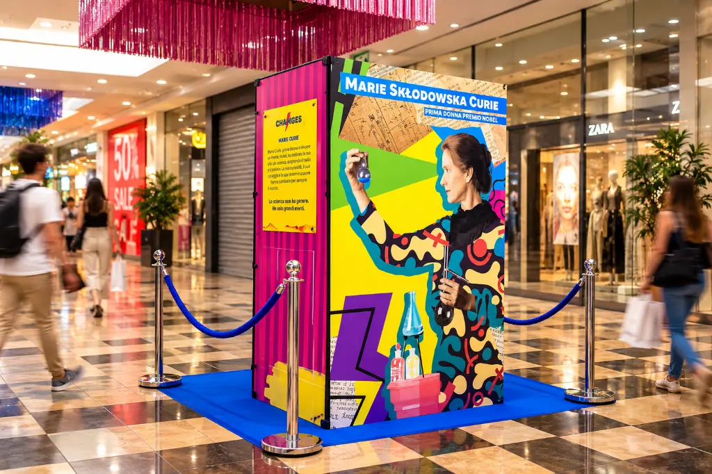 Esposizione Marie Curie nel centro commerciale.webp