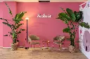 Interno editoriale rosa con poltrone e piante.webp